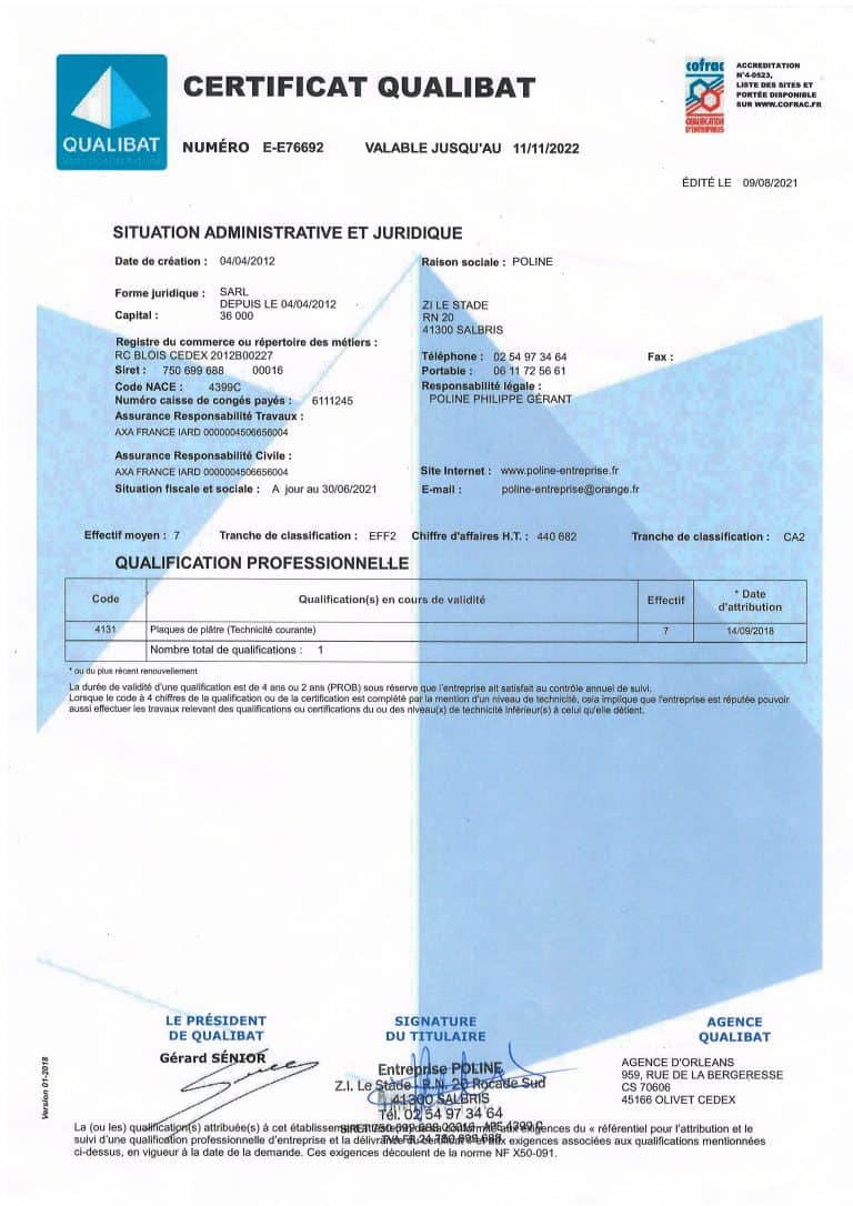 Certificat Qualibat Entreprise POLINE