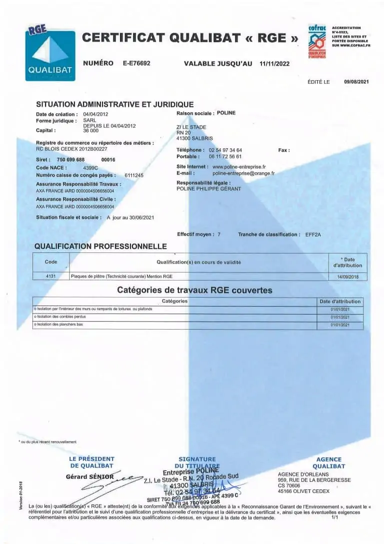 Certificat QUALIBAT RGE Poline entreprise : Isolation à Salbris (41300)